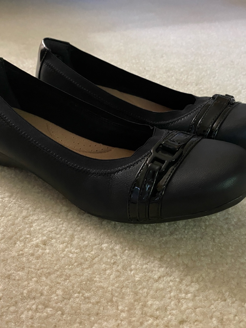 Clarks Black Leather Ballet Flats with Patent Trim